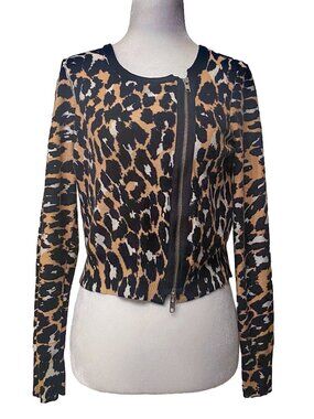 TRACY REESE Leopard Print Cropped Moto Zip Cardigan S